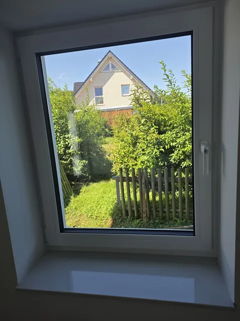 Gereinigtes Fenster mit klarer Durchsicht in den Garten