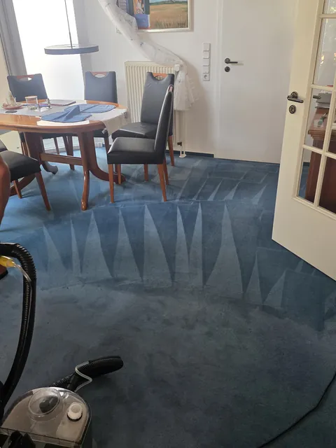 Teppichpflege im Wohnbereich mit sichtbaren Saugspuren und Reinigungsgerät